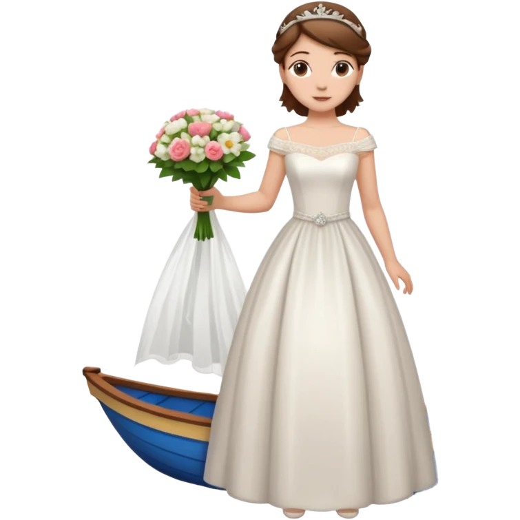 Chica blanca,cuerpo entero, vestido boda cuello barco y , pelo castaño,   1 ramo de flores , pelo recogido con tiara añadido en la parte de atrás del vestido emoji