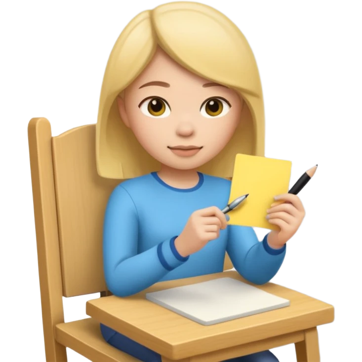 Memoji girl sitting on a chair writing on a sticky note emoji