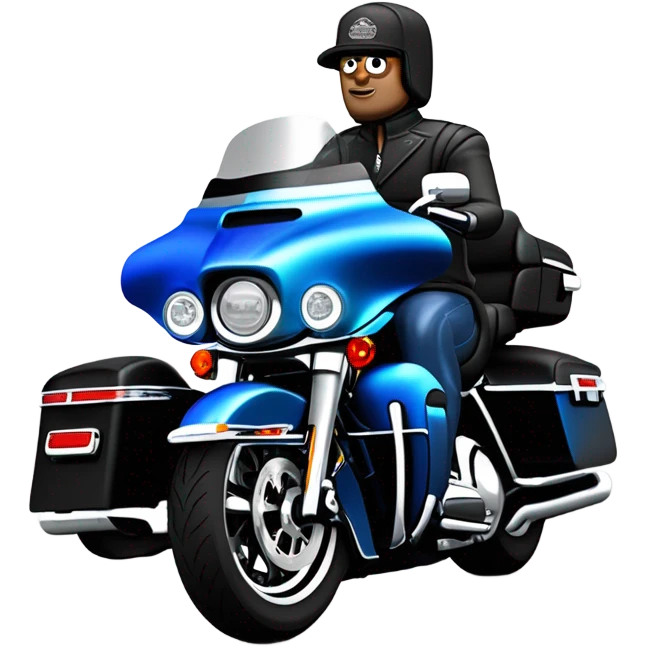 angled view of a harley davidson electra glide ultra classic with big blue pearl and vivid black two color paint scheme with midsize recurve windshield, two antennaes, and an older white man without a helmet sitting on the front seat. emoji