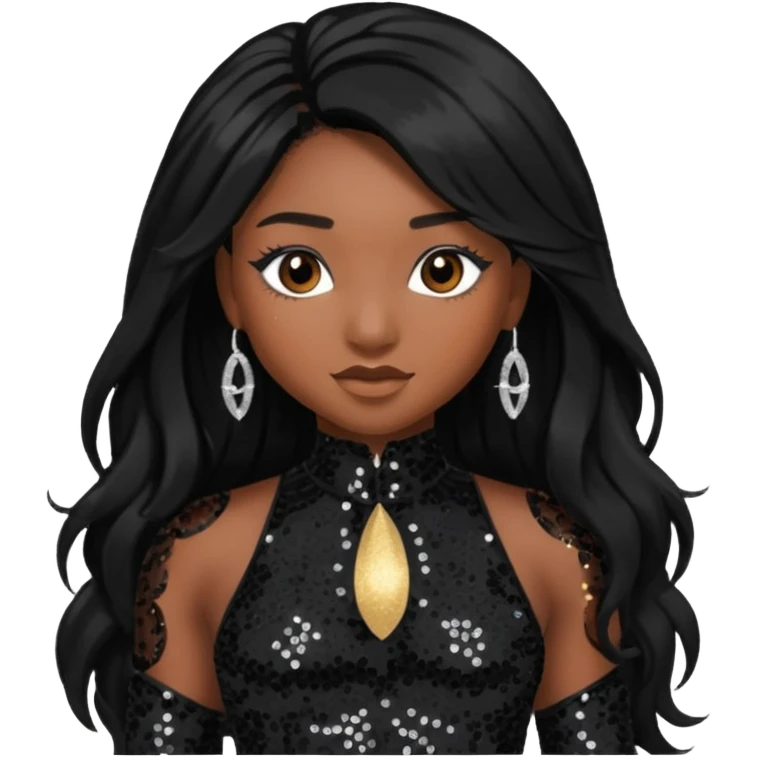 Normani from Fifth Harmony with long black hair, black sequin outfit emoji