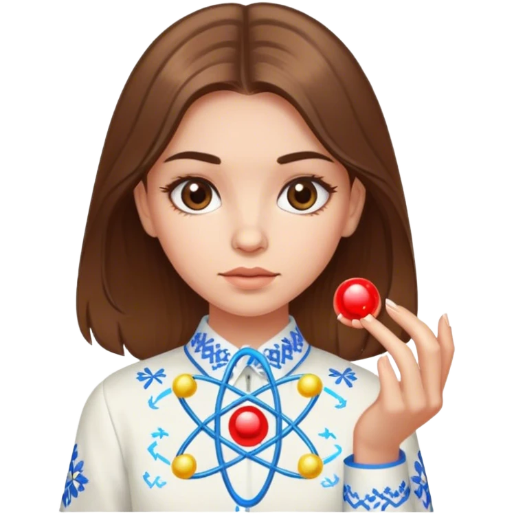a Ukrainian girl with brown hair in an embroidered shirt and an atom emoji