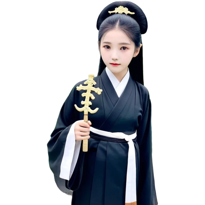 一个中国女孩，有着长长的黑色直发，浅色的皮肤，穿着浅紫色旗袍，抱着一只绿色眼睛的狸花猫 emoji