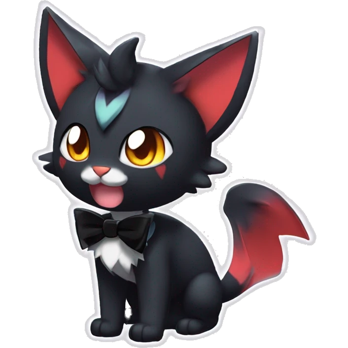Shiny Dark Cool Shy Edgy Black beautiful ethereal fantasy Kawaii Sona Litten-Fakemon-cat-animal with edgy bat-ears bow tie black emo-mane vtuber model Full Body emoji