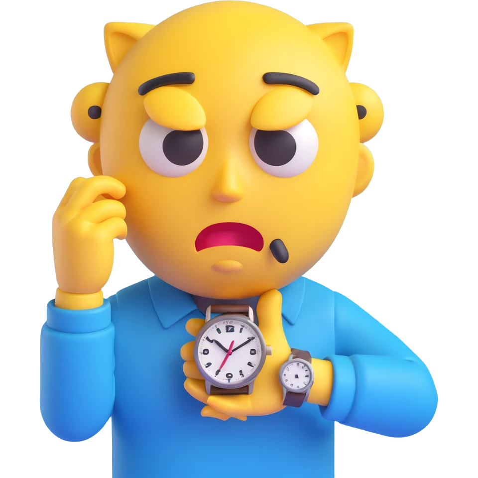 A yellow emoji face with a worried expression, looking at a wristwatch with raised eyebrows, showing urgency and stress emoji