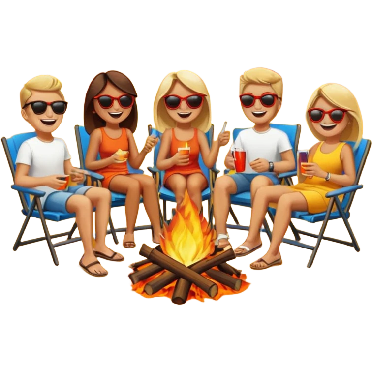 Born fire and people sitting beside born fire on chairs. Born fire is in the centre emoji