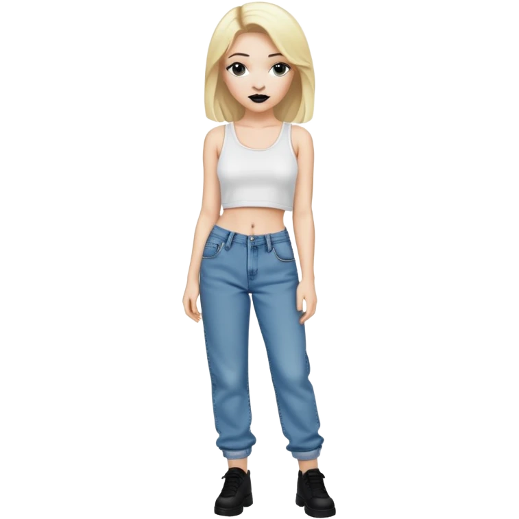 White girl with blond hair , black lipstick and white crop top for shirt and for pants baggy jeans emoji