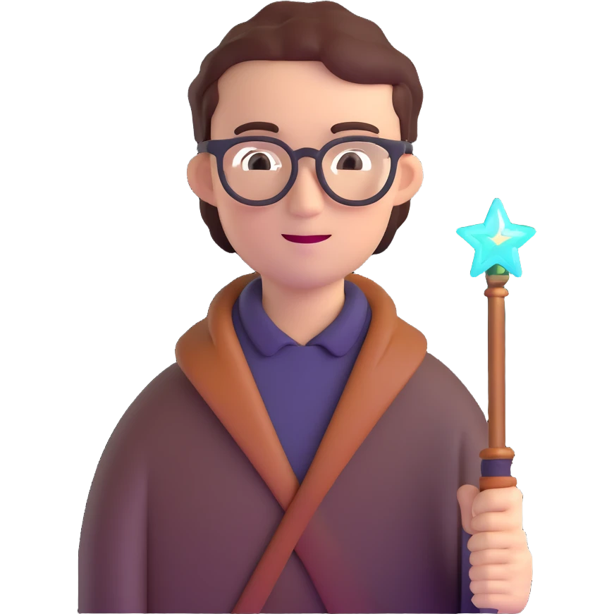 developer with glasses holding a glowing magic wand emoji