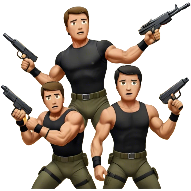 Icon for Action Movie Poster: Close-up collage of Arnold Schwarzenegger in 'Commando' and Sylvester Stallone in 'Rambo,' each in dynamic action poses, surrounded by intense explosions, dramatic lighting, and iconic weapons. Designed like a vintage movie poster. Transparent background. emoji