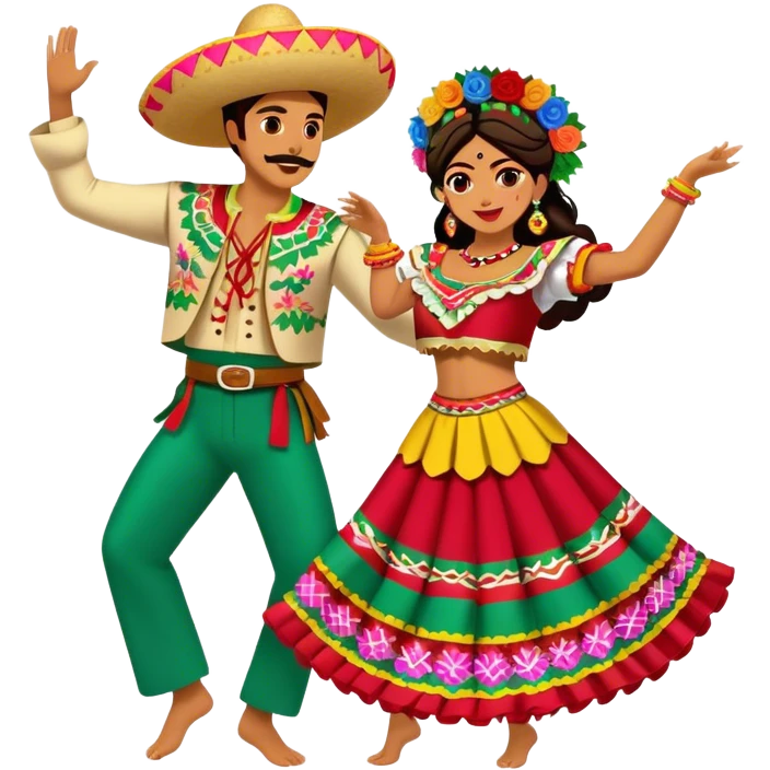 Cinematic Realistic scene of two performers dancing the Jarabe Tapatío, dressed in colorful traditional Mexican costumes with intricate embroidery, captured in energetic, festive motion with vibrant, celebratory lighting emoji