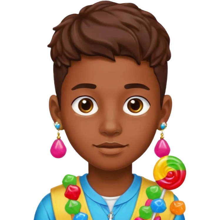 boy with a lot of accessories and earrings made out of candy emoji