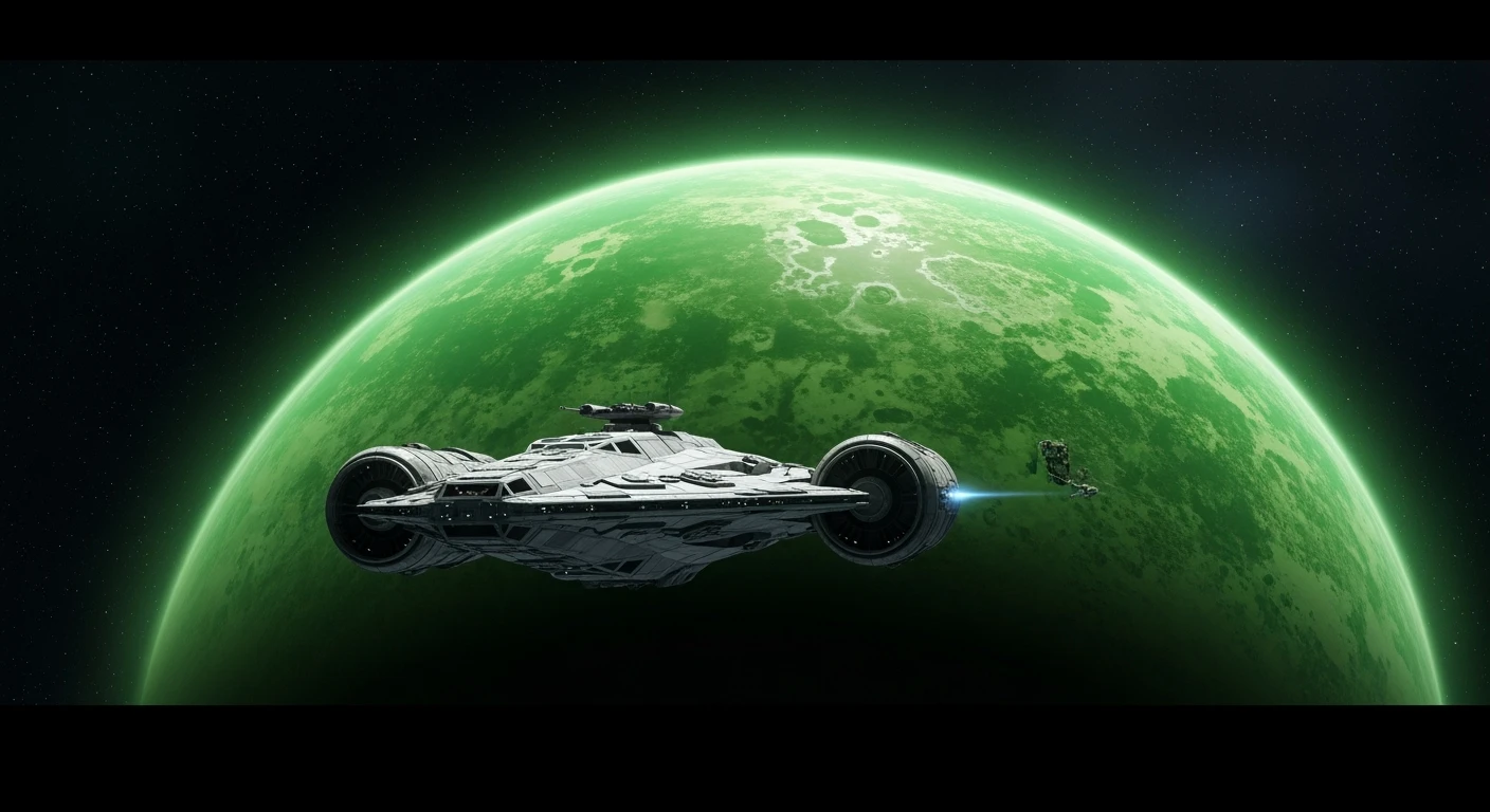 cinematic still, establishing shot, entire globe green planet, single starship coming to planet, inspired by StarWars movie, captured by arri alexa  emoji