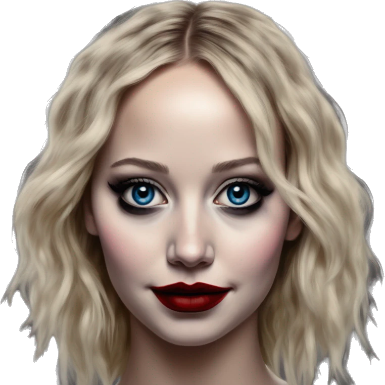 Mega Jennifer Lawrence in Harley Quinn style, oil paint, mysterious eyes, intricate lips, masterpiece portrait, odd perspective, beautiful, desirable, logical emoji