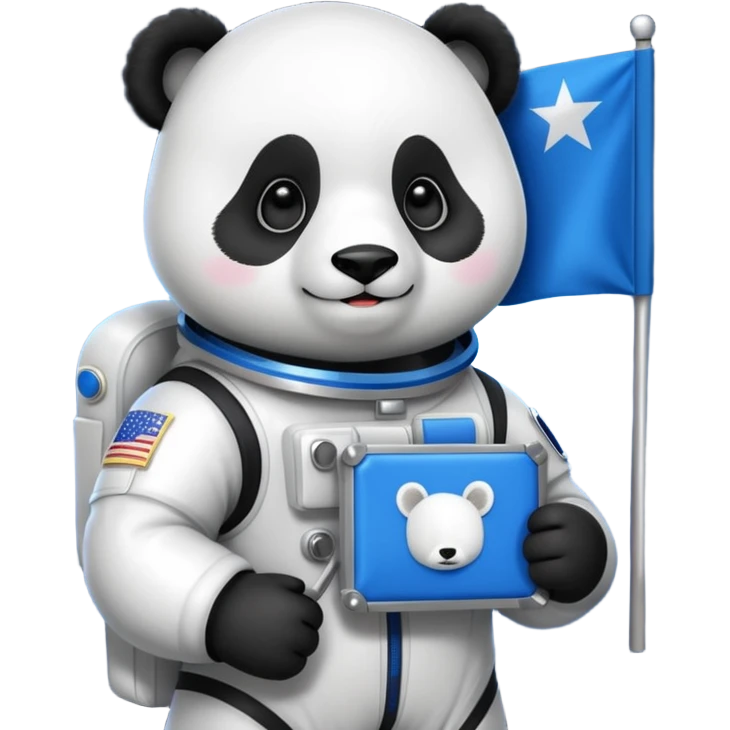 a panda in space suit, holding blue rectangle flag emoji