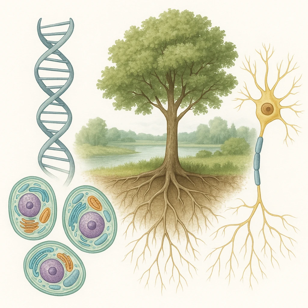 A realistic biological illustration (like in a school book) showing: DNA strands transitioning into a tree, cells with visible organelles, neurons connected to plant roots  and a balanced ecosystem background . Seamless integration, no labels or borders, white background, detailed but minimalist.  emoji