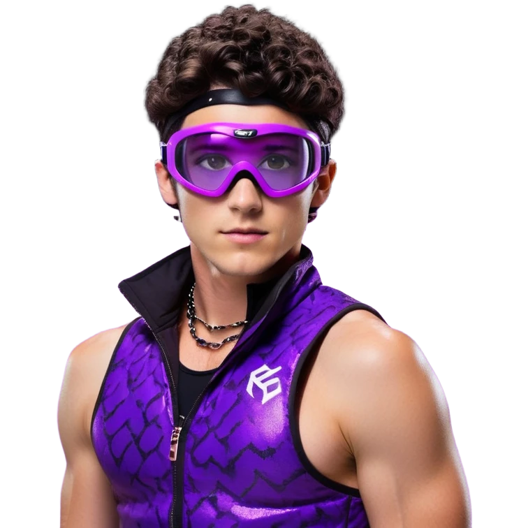 male athlete with white skin and moderately curly dark brown hair on top with shaved sides, wearing ski goggles with purple frames and very dark black lenses, a simple plain black chain necklace, and a completely unzipped sleeveless vest with purple and black sequin fire pattern design with no logo, fully revealing his chest, shoulders and arms, no earrings emoji