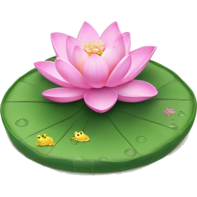 beautiful lilypad with a pink lotus flower and small green frog on it emoji