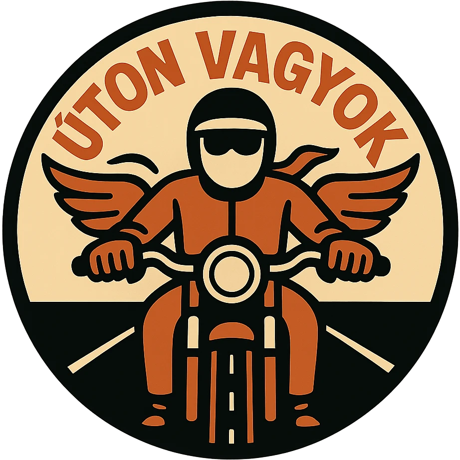 circular design for motorcycle cap, transparent background, text 'Úton vagyok' in Hungarian, adventurous style, motorcycle motifs like road, motorcycle, wings emoji
