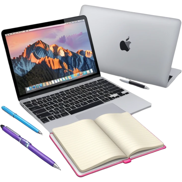 top view of a MacBook and a notebook with a pen nearby, notebook with visible notes emoji