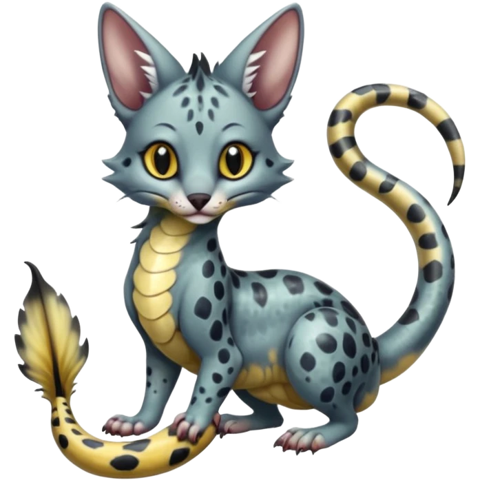 Realistic Flurry furry scary slimy oily glossy wet gloomy dusky scaly sergal-serval-possum-sphynx-Koi-sergal-fusion-animal-hybrid-creature with a snake-tail emoji