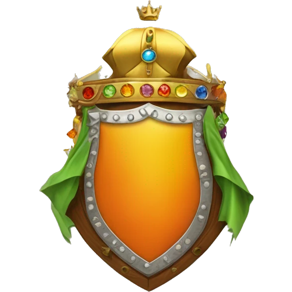 Flag: white left, orange right. Center: shield with golden crown, colorful gems. Shield: golden border, yellow background. Creature: lion upper, brown; dragon lower, green scales. emoji