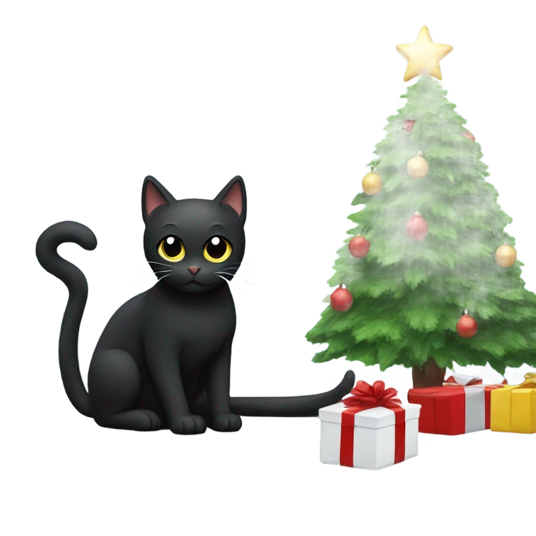 Black cat next to a white Christmas tree emoji