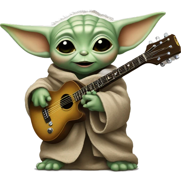 Baby Yoda holds a rock guitar emoji