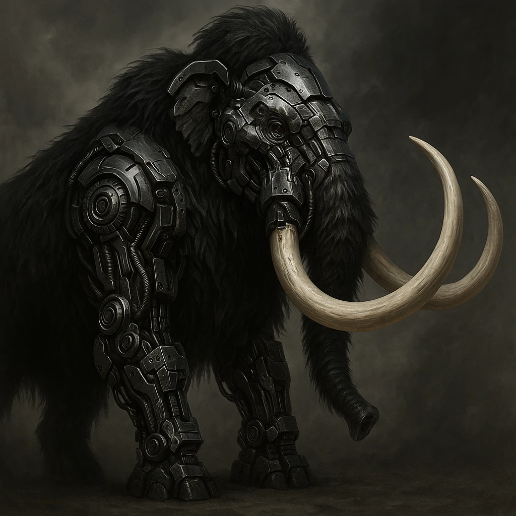 bionic mammoth with black fur and white tusks, in a striking, detailed style emoji