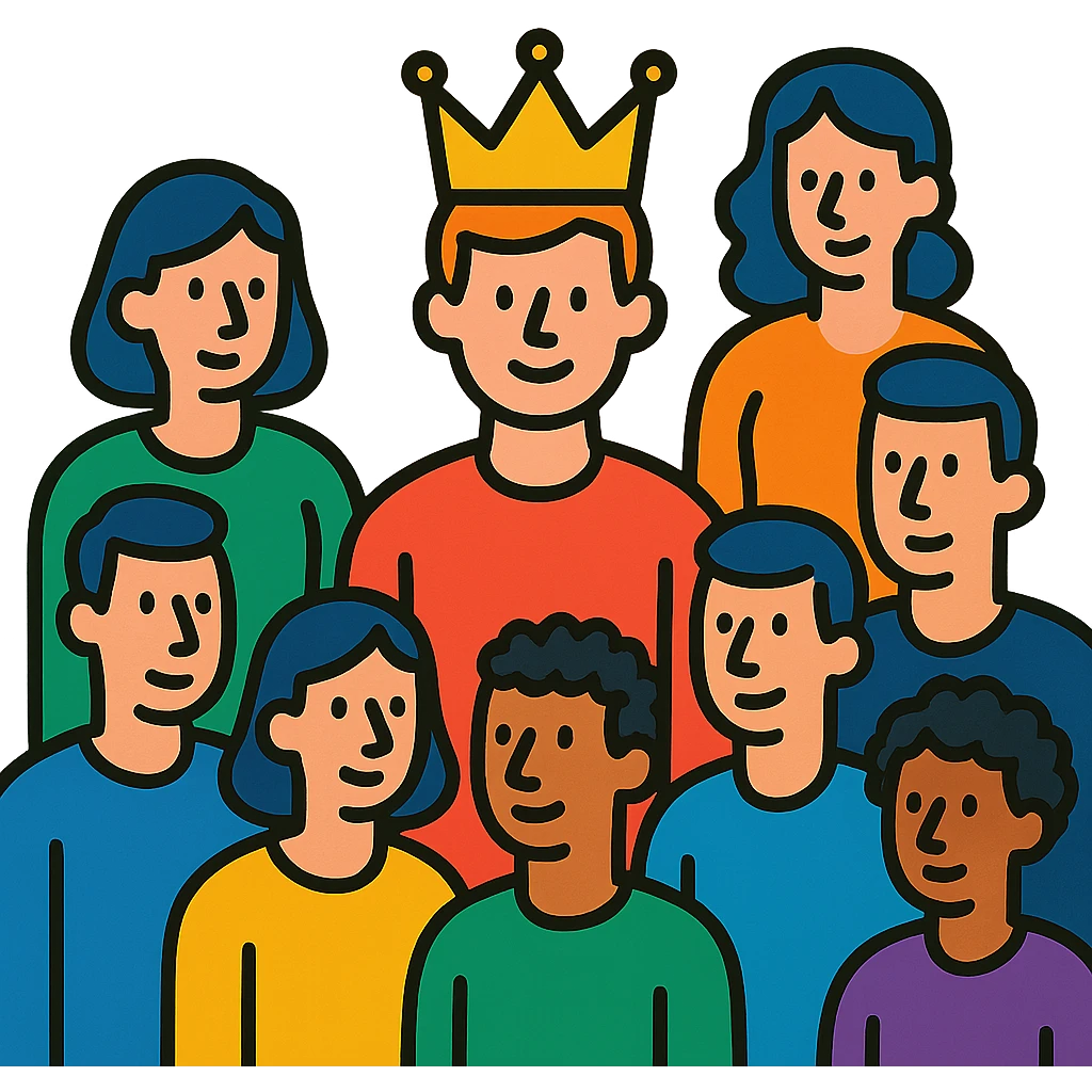 group of people with one standing out wearing a crown symbolizing kalburüstü emoji