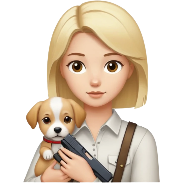 Blonde girl with brown eyes holding a glock and a puppy emoji