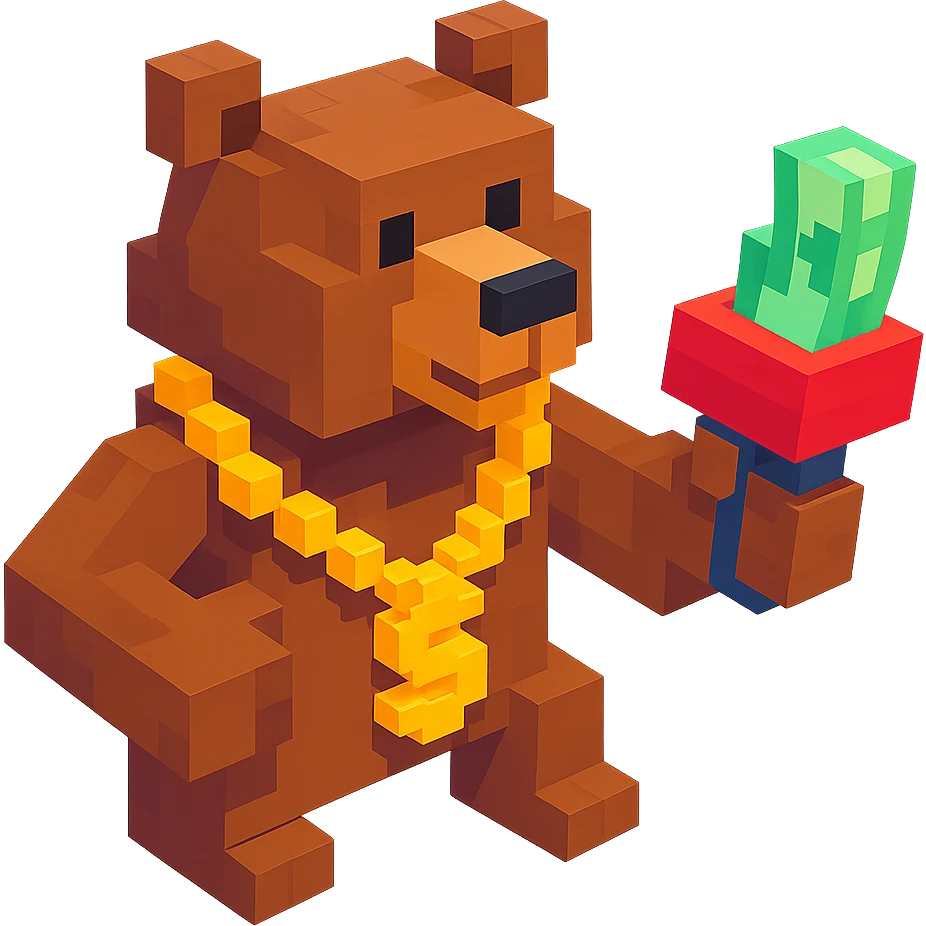 Russian grizzly bear in a rapper pose, wearing a gold chain and holding a money gun emoji