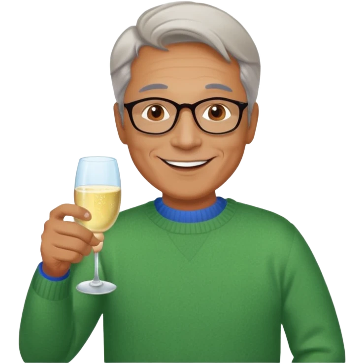 a happy, vibrant healthy man 60ish with a glass of champagne wearing a sweater emoji
