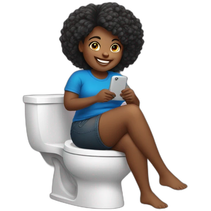 black chubby girl sitting on the toilet while texting and smiling hair emoji
