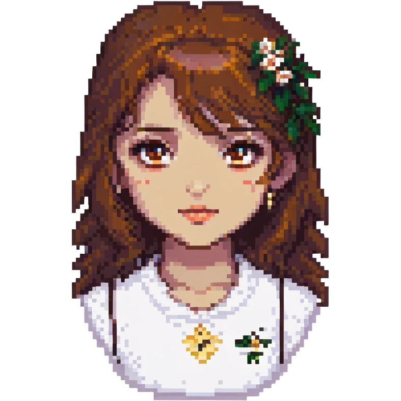 Change the girl's eyes to a rich brown color, keep the pixel art style and the cozy indoor background. emoji