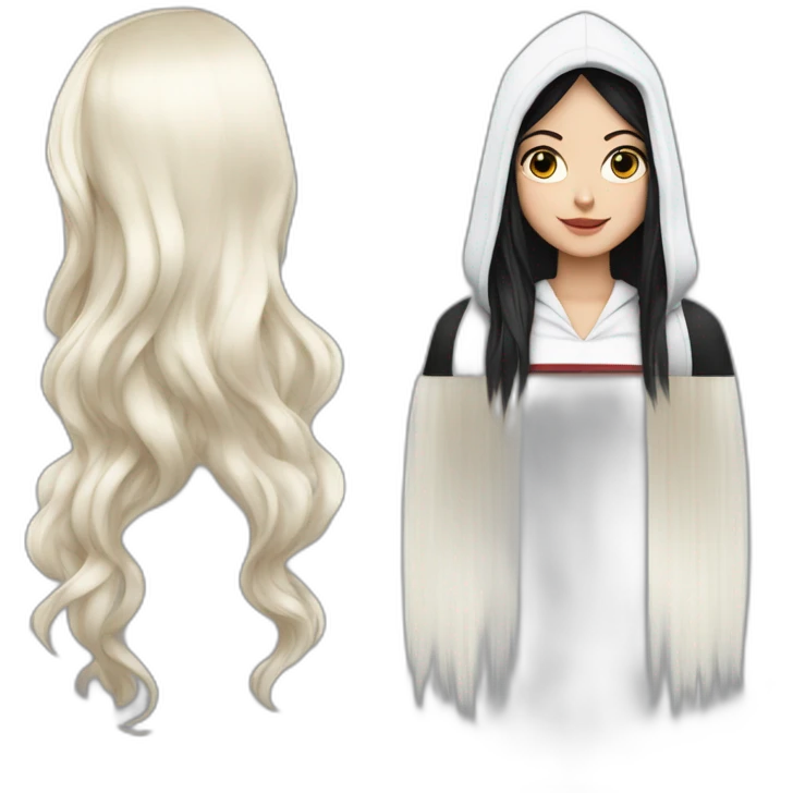 White girl long straight black hair with white streak hair and red ridding hood emoji