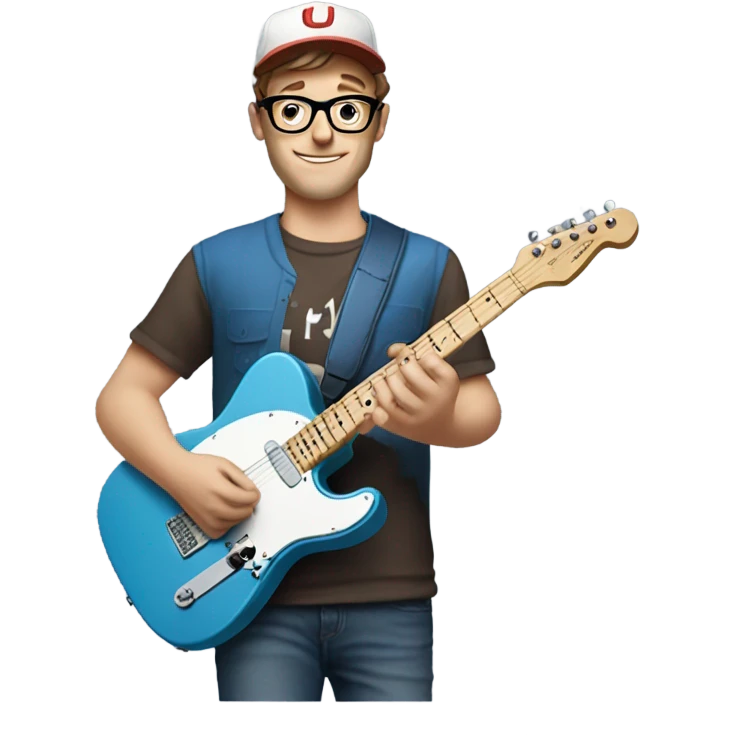 A nerdy white guy with glasses with short brown hair wearing a baseball cap playing a blue classic telescaster emoji