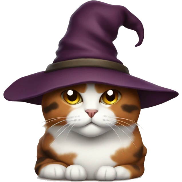 Fat calico cat witch maroon hat emoji