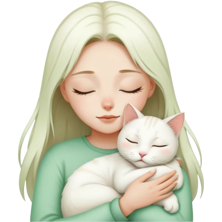 a closing eyes girl hugs a white jinjila cat,the cat’s eyes are open and green  emoji