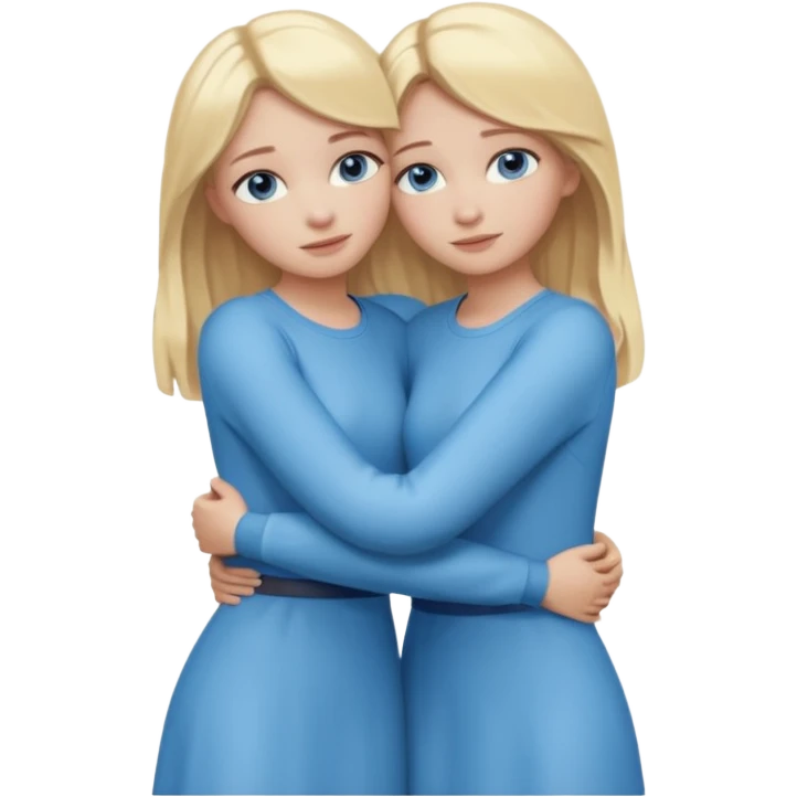 cinematic realistic two sisters with blonde hair and blue eyes hugging, full body emoji