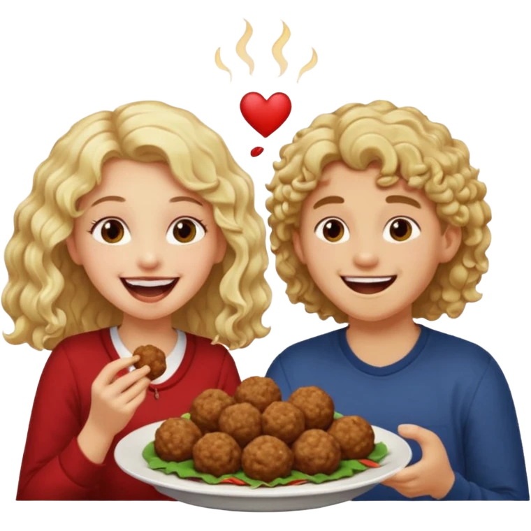 Ragazza bionda leggermente riccia e lunghi che ride ad un ragazzo con i capelli ricci scuri mentre mangia polpette emoji