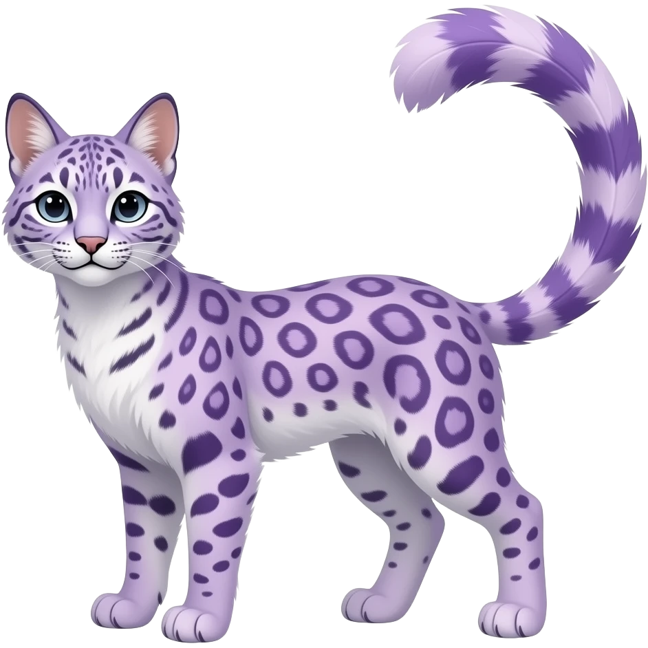 realistic elegant lanky feathery, pastel violet-purple, whitish, fantasy-caracal-civet-snow-leopard-bobcat-genet-animal-Fakémon-hybrid, long thin tufted tail emoji
