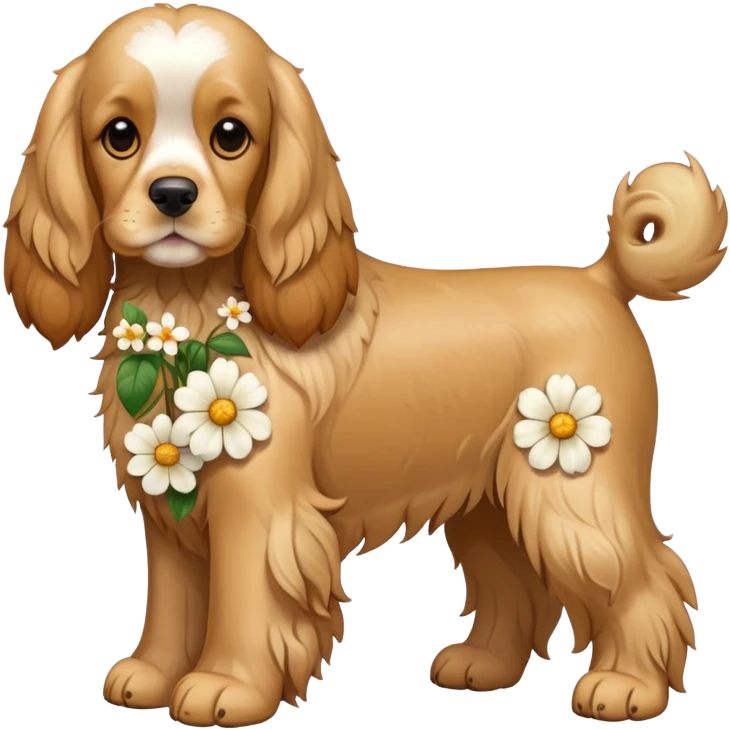 Full body shot of a cocker spaniel with flowers emoji