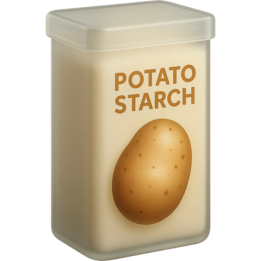 Make the potato starch box match the form and proportions of the reference image: a tall, rectangular box with a flat top and rounded edges, similar to the cornstarch box shown. Keep the box beige or pale yellow, with a potato illustration and the label 'POTATO STARCH' in warm-colored letters. Minimal, clean, 3D, soft lighting, transparent background, emoji scale. emoji