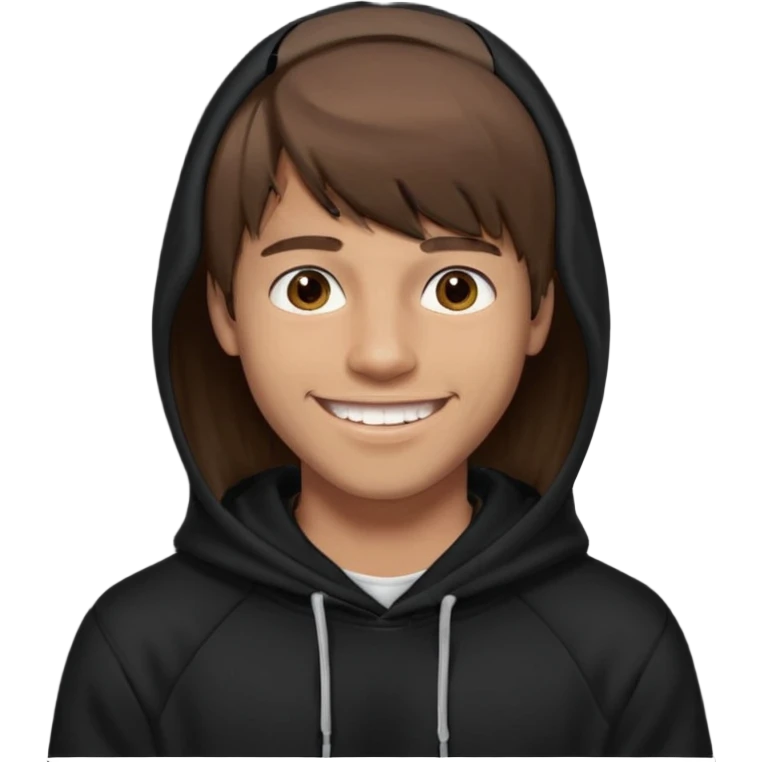 20 yr old man, brown hair, straight, big smile, white teeth, tanned skin, bangs, black hooded sweatshirt, long hair in back, middle parted bangs emoji