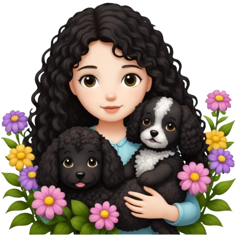 A long-haired girl is holding a black curly-haired teddy dog ​​in the flowers emoji