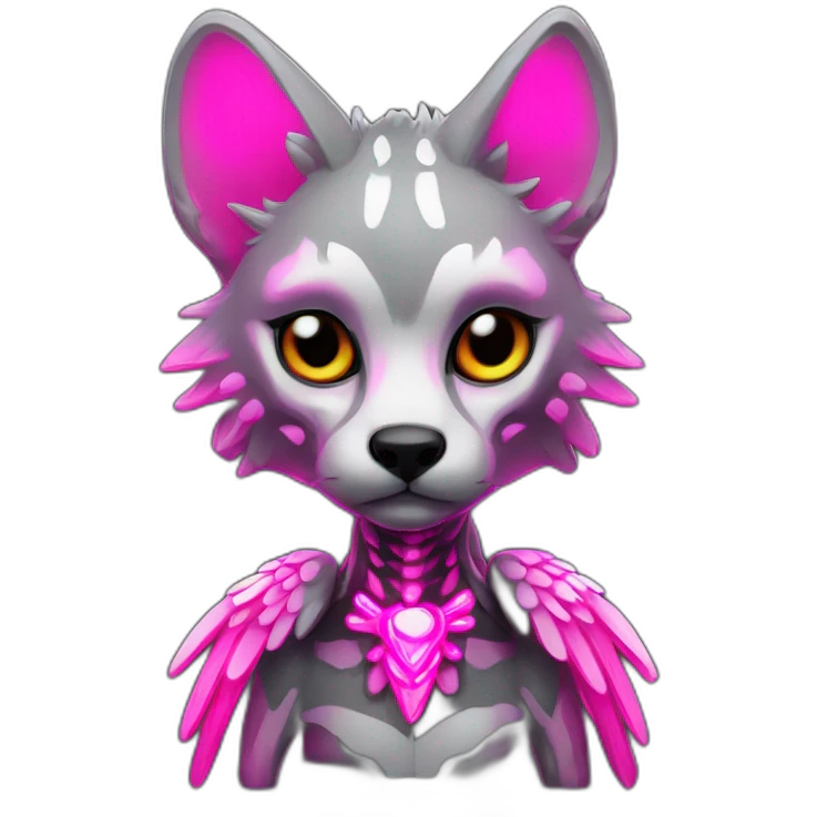 Coyote ocelot standing with grey and black fur and phoenix wings on back and pink ears half skeleton, neon lights emoji