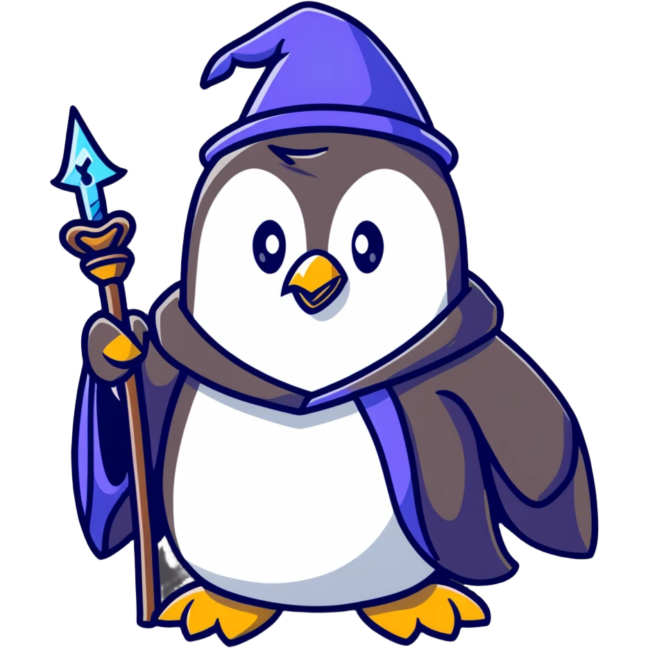 penguin with wizard robe and magic staff emoji