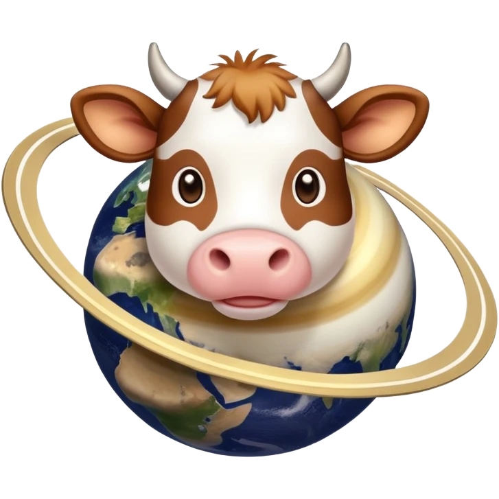 A cute cow with its head and front legs attached to the planet Saturn as its body, with Saturn's distinctive rings circling around the middle emoji