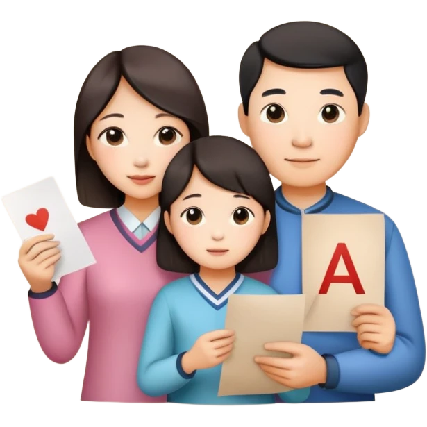 una madre y un padre chinos con su hija la cual tiene un papel con un A+ en la mano emoji
