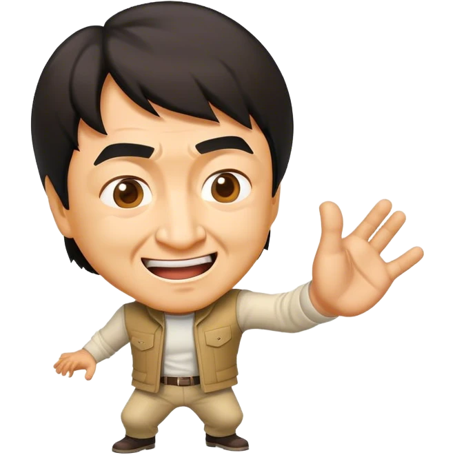 Cinematic Realistic Jackie Chan Pop Culture Emoji, depicted with playful agility and charismatic charm rendered with lifelike textures and vibrant, action‚Äêpacked lighting. emoji