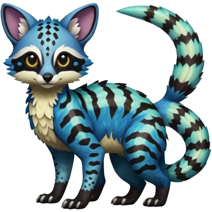 Rare realistic tropical exotic cute epic pretty beautiful handsome gorgeous aesthetic colorful vibrant Vernid-Protogen-Primagen-Wickerbeast-Genet-Trico-species-Fakemon-hybrid-creature by LiLaiRa, beautiful intricate markings, full body emoji